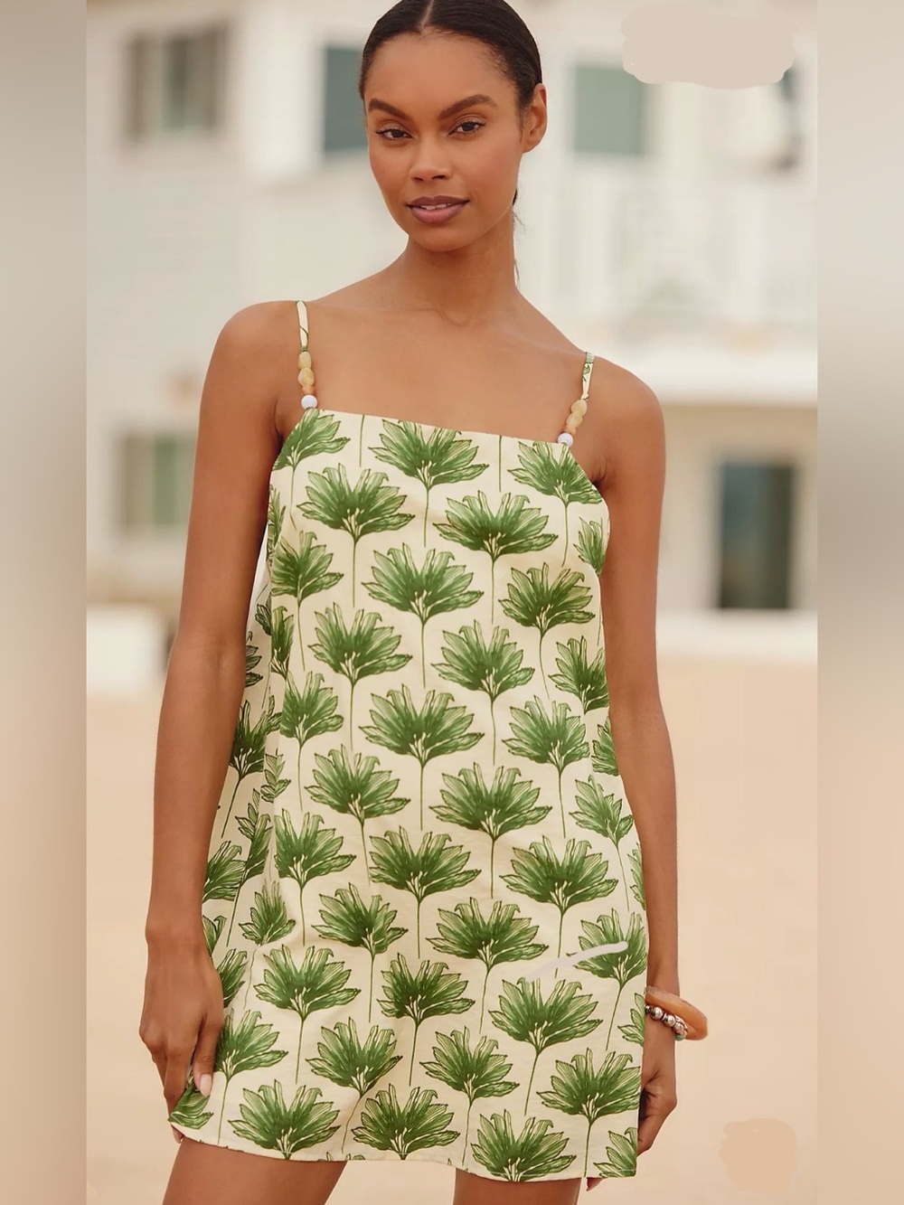 Anthropologie Cream Green Palm-Print Dress
